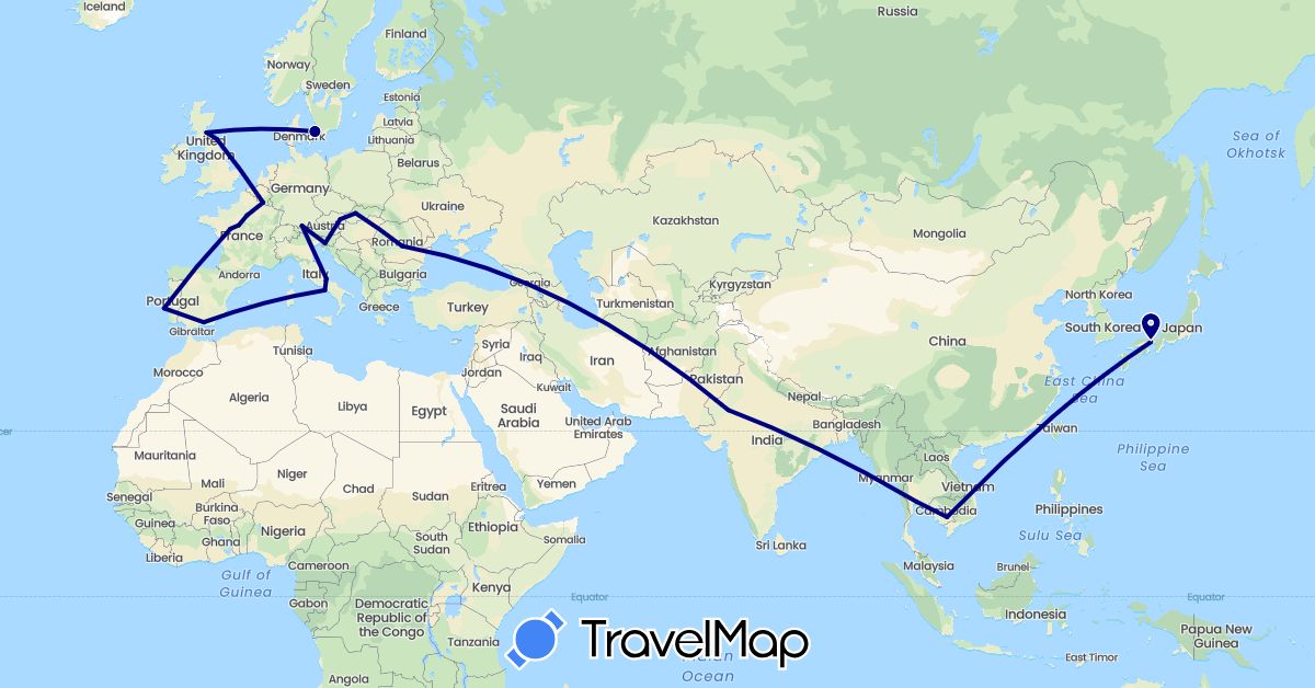 TravelMap itinerary: driving in Austria, Belgium, Germany, Denmark, Spain, France, United Kingdom, India, Italy, Japan, Cambodia, Portugal, Romania, Slovenia, Slovakia, Thailand (Asia, Europe)